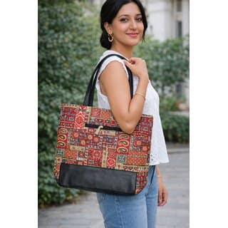 Ethnic Indigo Patchwork Tote Bag with PU Leather Shoulder Handles view 2