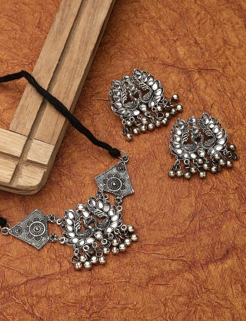 Cardinal Oxidized Silver Color Choker White Stone Necklace Set view 2