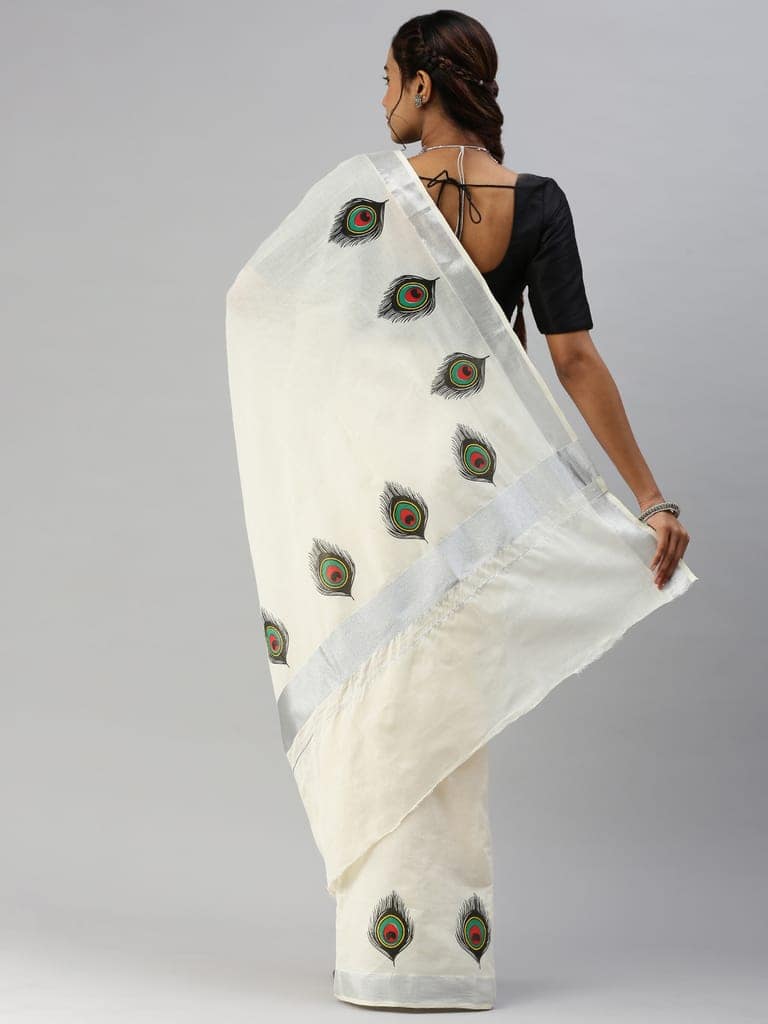 Womens Off White Kerala Peacock Feather Design Printed Silver Jari Saree OKS03 view 2