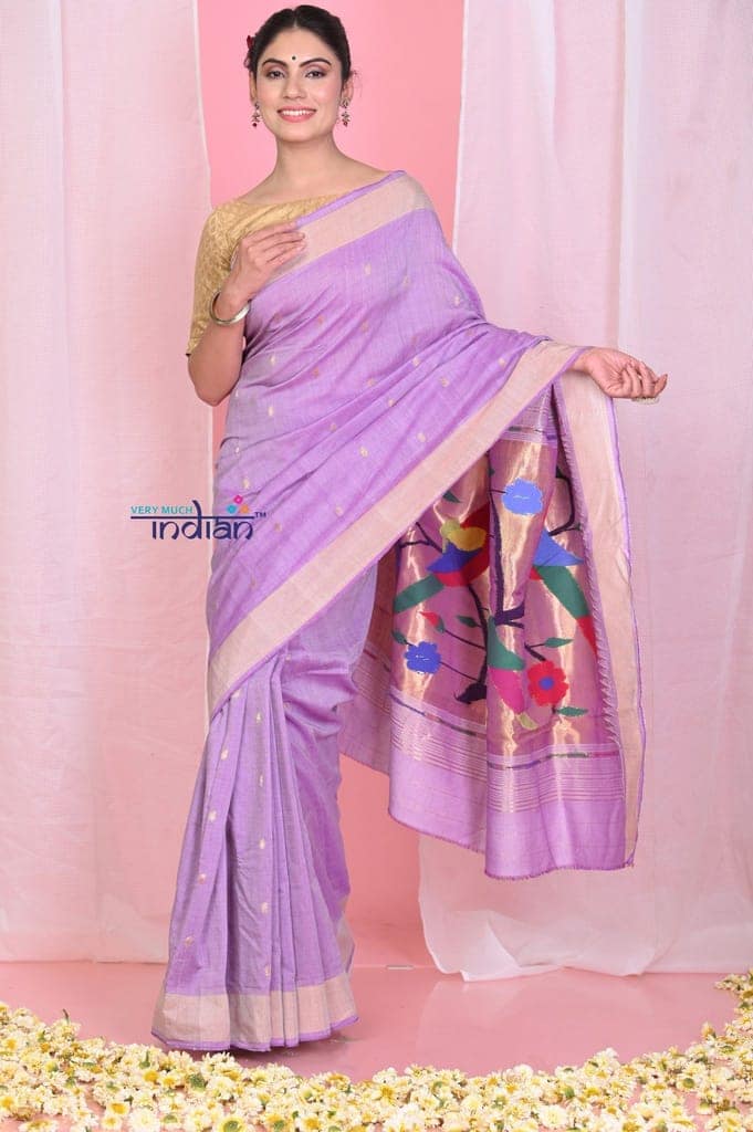 Traditional Handloom Pure Cotton Paithani With Handwoven Parrot Pallu ~ Lilac