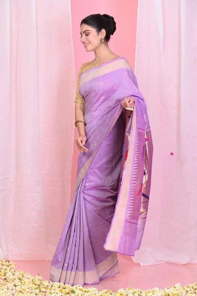 Traditional Handloom Pure Cotton Paithani With Handwoven Parrot Pallu ~ Lilac view 2