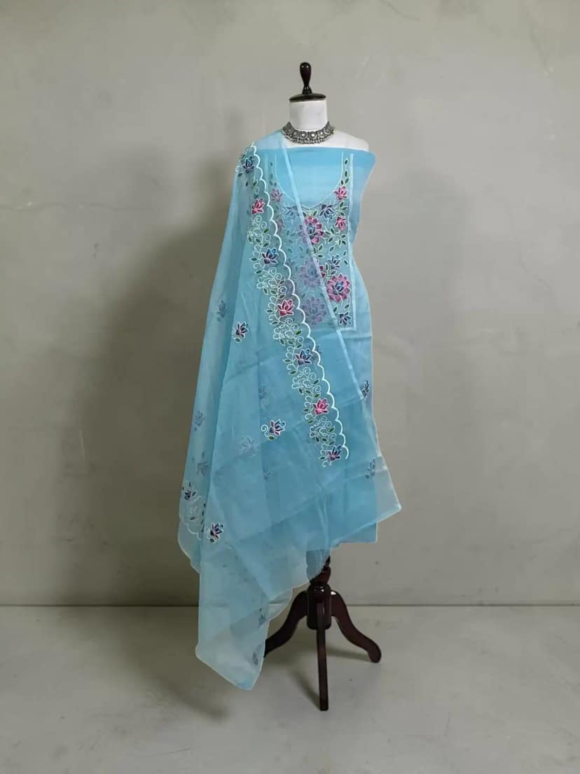 Kota Doria Cotton-Silk Dress Material with Hand-Embroidered Florals