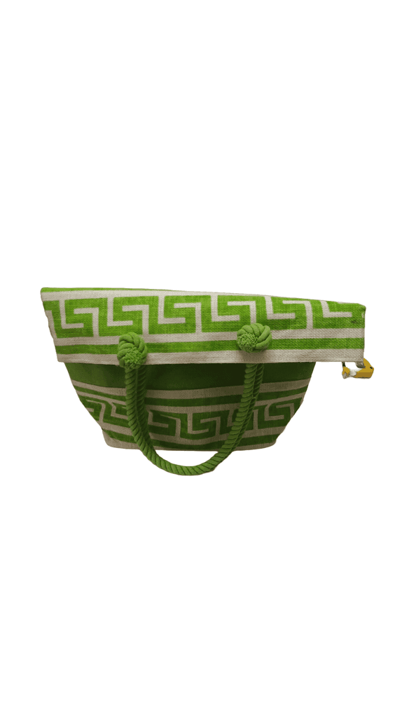 Green and White Striped Jute Tote Bag with Greek Key Design view 2
