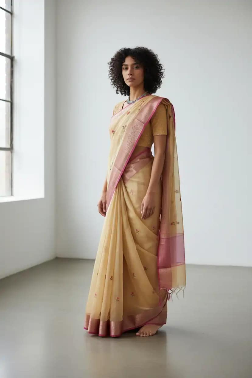 Light Sandal Kota Doria Cotton-Silk Saree with Zari Border and Blouse