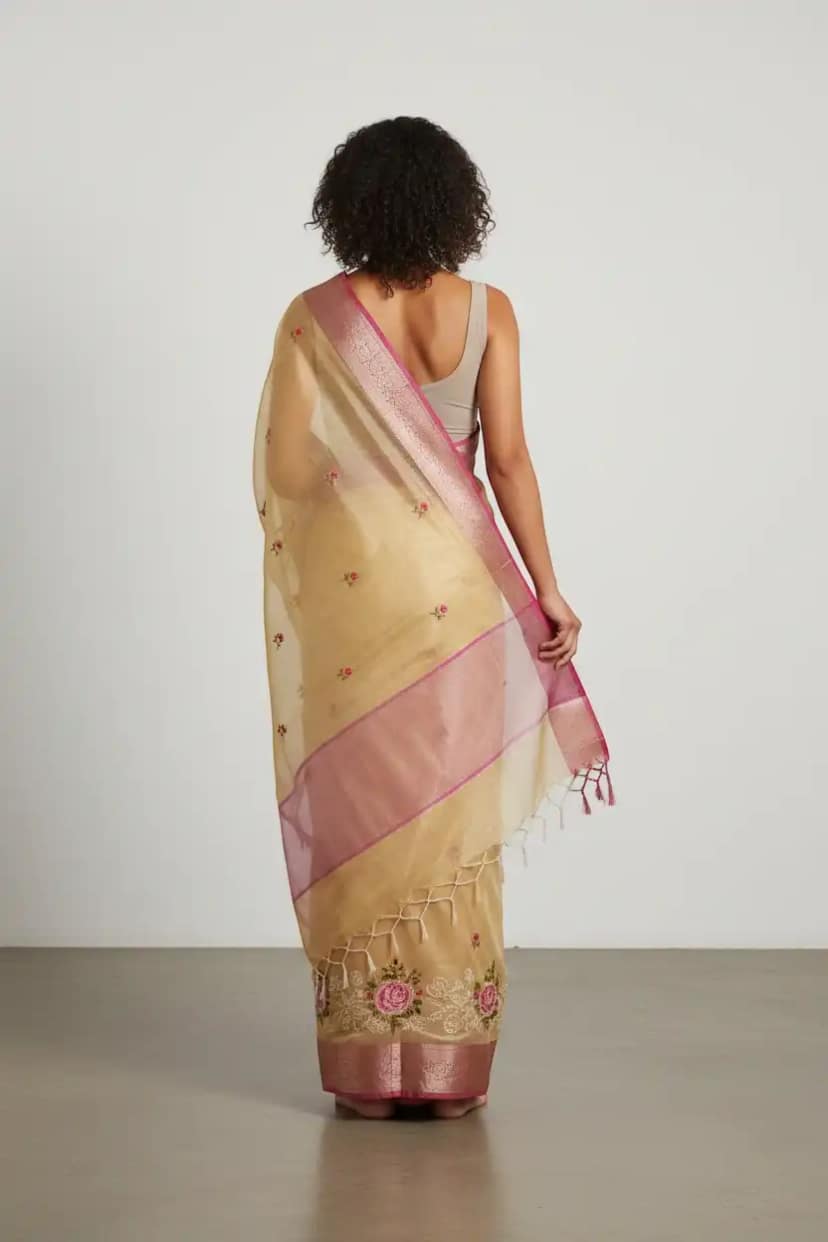 Light Sandal Kota Doria Cotton-Silk Saree with Zari Border and Blouse view 2