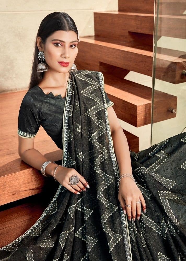 Digital Printed Georgette Saree in Black view 2