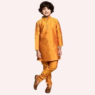PrintCultr Boys Solid Pure Silk Kurta and Pyjama Set (Orange)