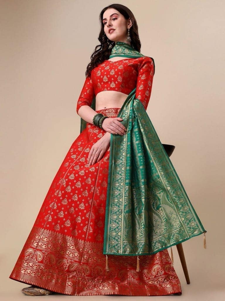 Red Brocade Fabric Lehenga & Unstitched Blouse With Dupatta view 2