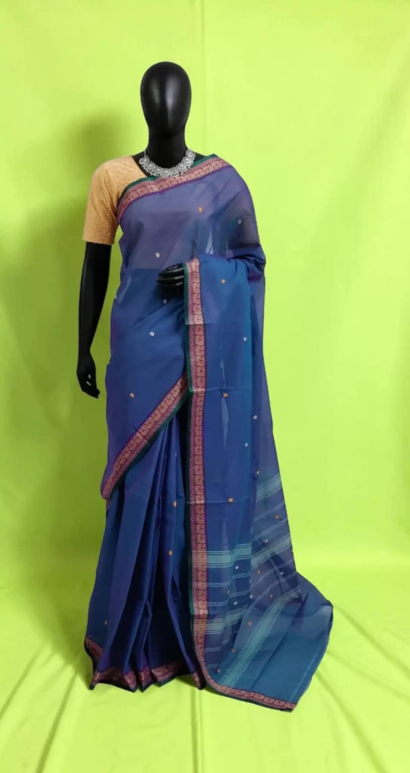 Handwoven Kanchipuram Cotton-Silk Saree in Deep Blue with Golden Border