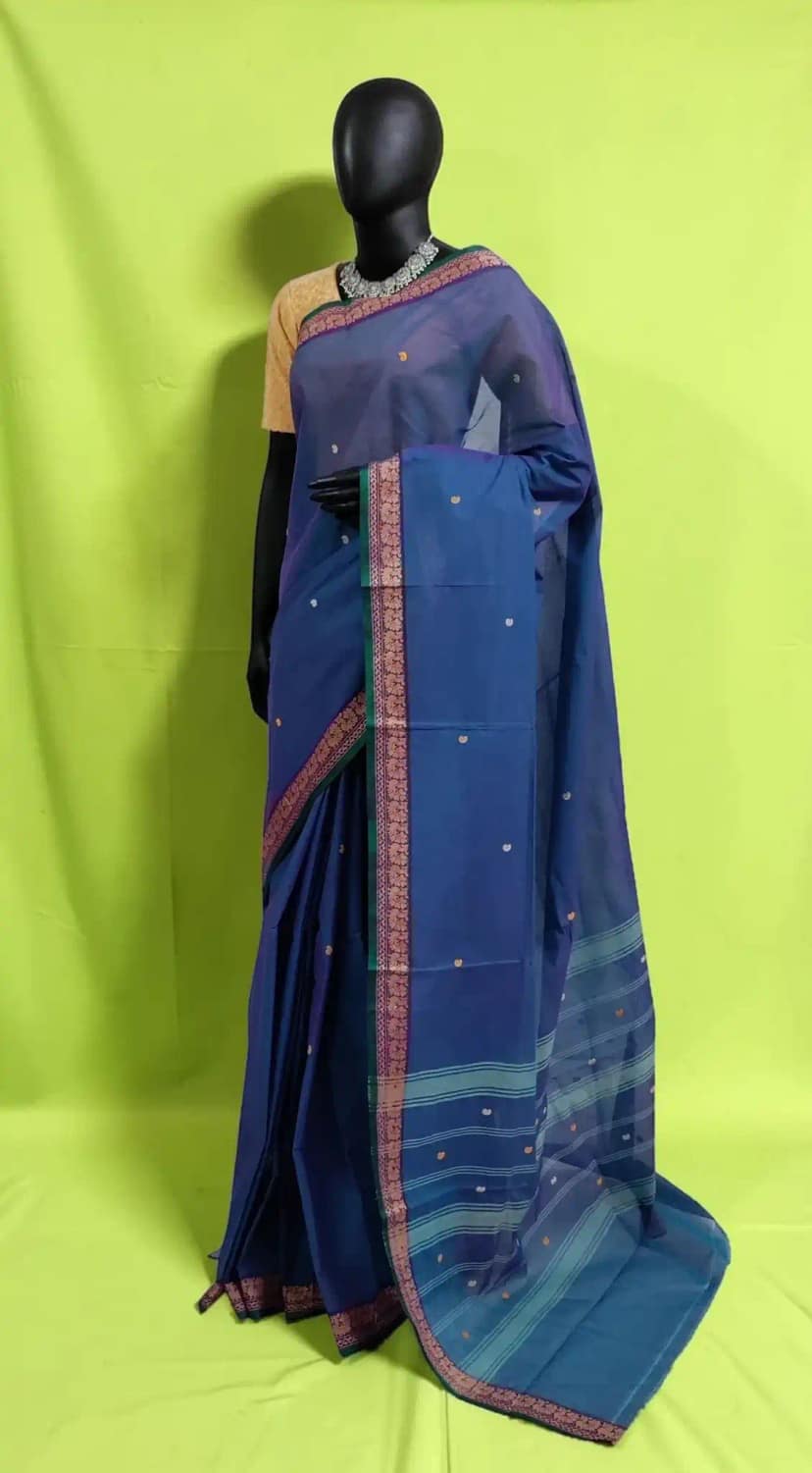 Handwoven Kanchipuram Cotton-Silk Saree in Deep Blue with Golden Border view 2