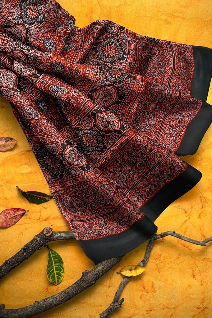 Maooon Ajrakh Hand Block Printed Modal Silk Saree with Floral and Geometrical Print SKU-BS10073 view 2