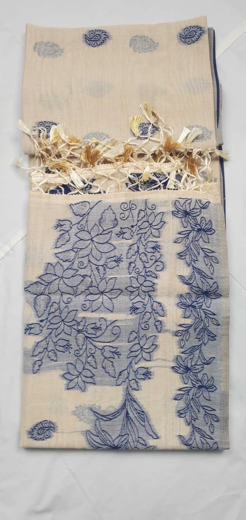 Bomkai Sonepuri Beige Cotton Saree Olive Paisley Buti