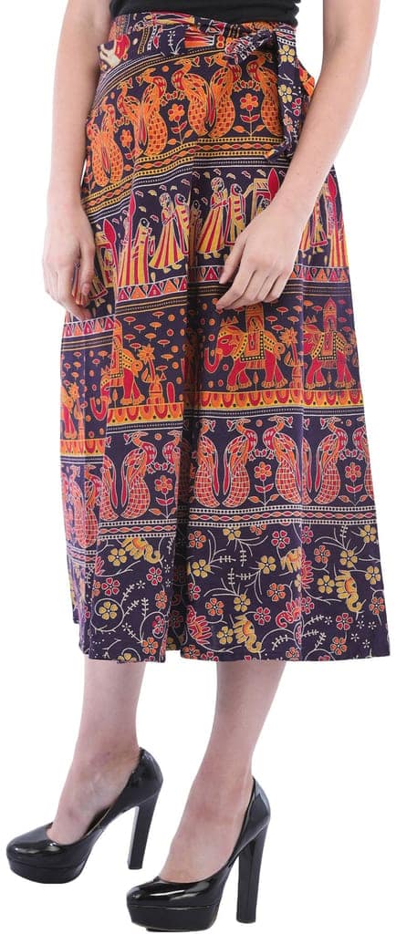 Nightshade-Purple Wrap-Around Sanganeri Skirt with Printed Marriage Procession view 2