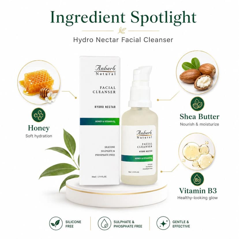 Anherb Natural Hydro Nectar Facial Cleanser, Honey & Vitamin B3 Radiance For Gentle Hydration - 100ml view 2