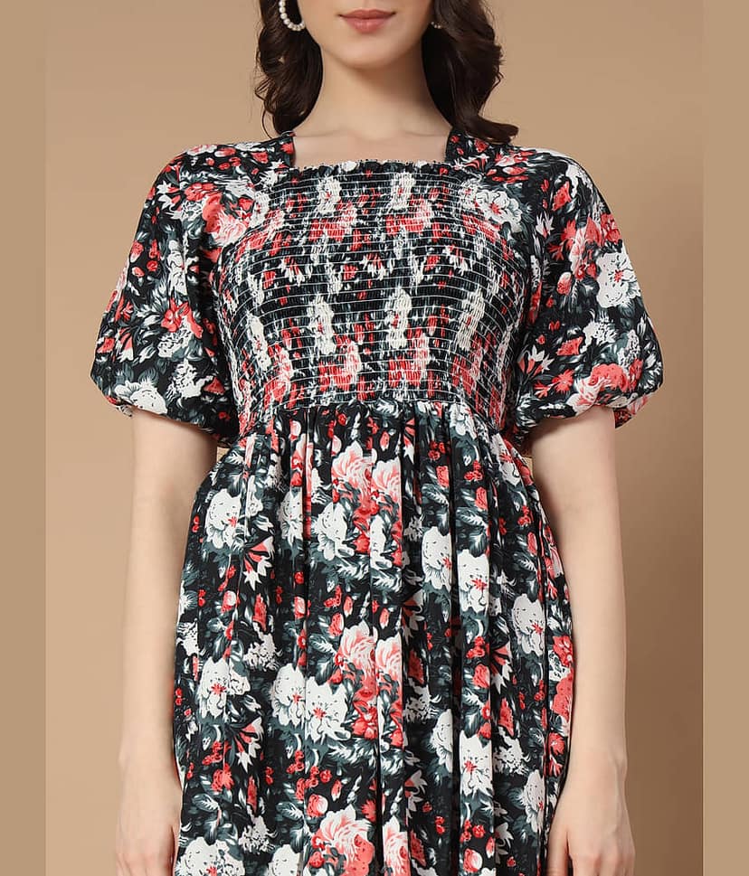 OTABU Women Polyester Printed Fit & Flare Dress ( Black ) view 2
