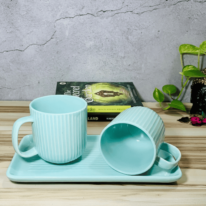 Homefrills Premium Stoneware Handmade Striped Design Ceramic Tea Cups & Milk/Coffee Mugs Along with Tray Microwave Dishwasher Safe - Pack of 3 (2 Cups and 1 Tray) Green, 300ml view 2