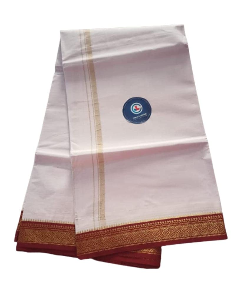 JINKA LAKSHMI COLLECTIONS 100% Cotton Dhoti With Same Big Borders Up and Down 4 Meters Unstitched Pack of 1 (Maroon Big Border) view 2