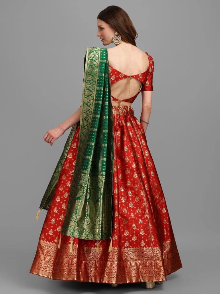 Red Brocade Fabric Lehenga & Unstitched Blouse With Dupatta view 2