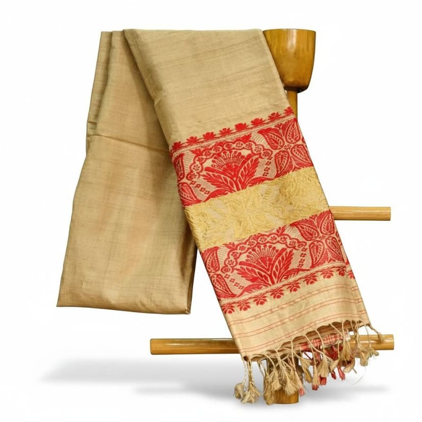 Traditional Beige and Red Assamese Silk Saree