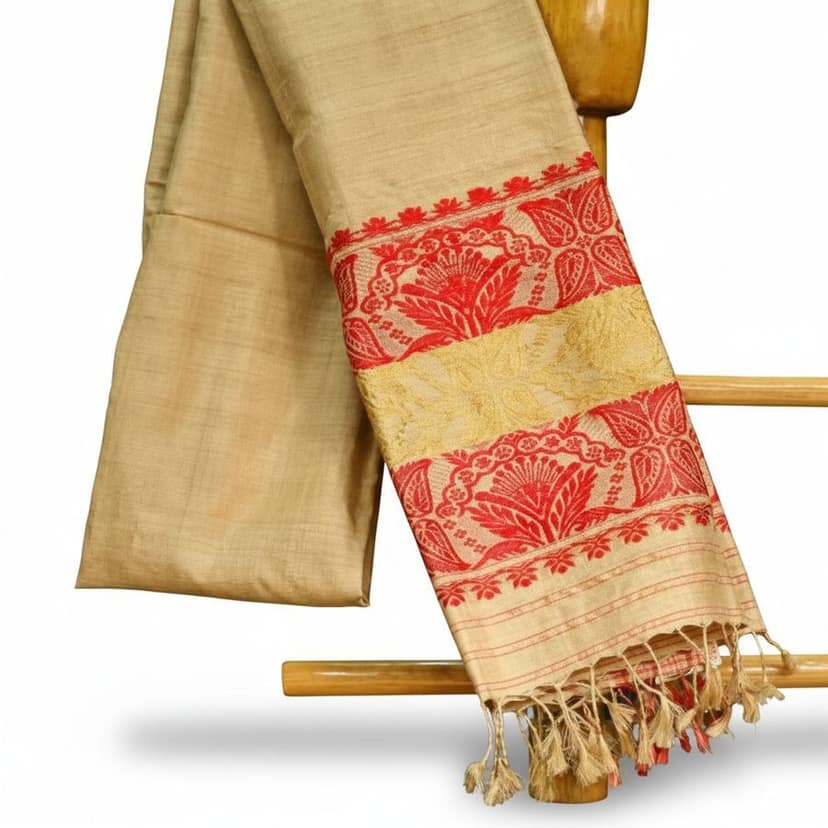 Traditional Beige and Red Assamese Silk Saree view 2