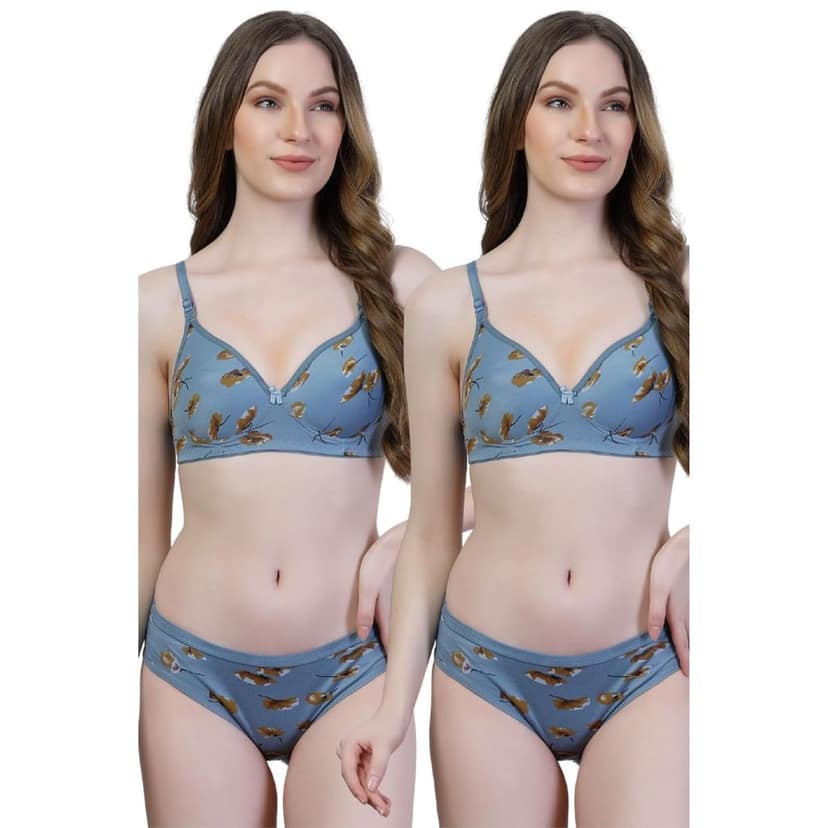 Pack of 2 Floral Print Cotton Bra Panty Set | Women�s Padded Lingerie