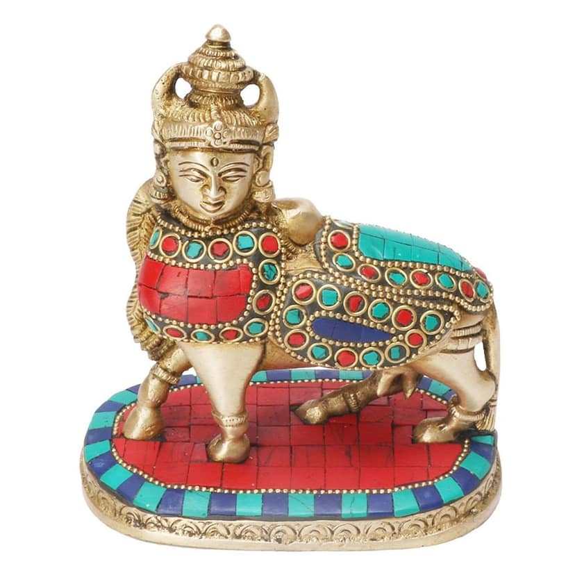 ARTVARKO Brass Kamadhenu Cow God Idol Religious Multicolor Gemstone Handwork Sculpture Figurine for Home & Office- Size: 5.5" view 2
