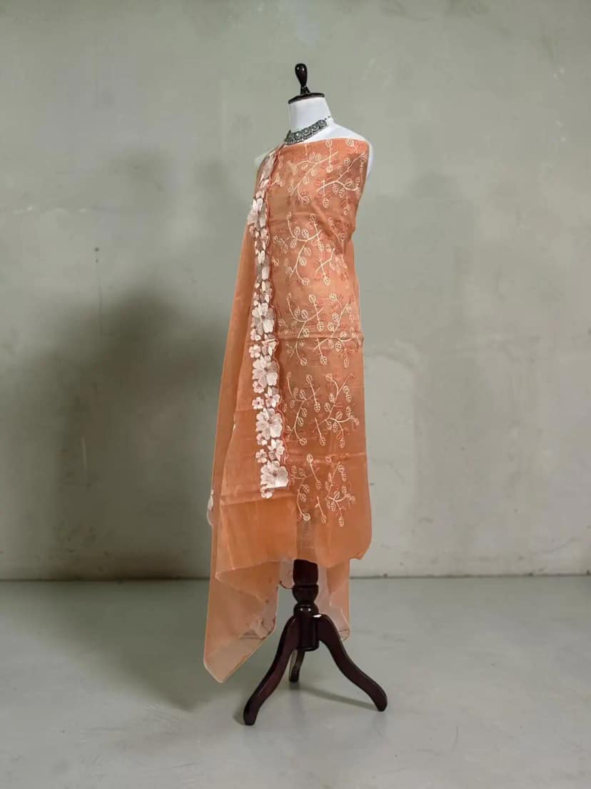 Peach Kota Doria Cotton-Silk Dress Material with Hand-Embroidered Dupatta view 2