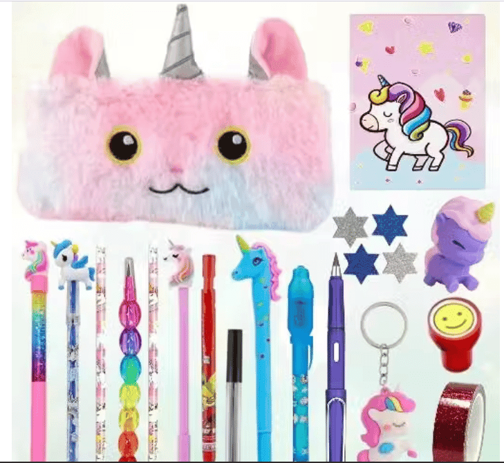 Kids School Stationery Set with Pouch, Pencil Colours & Unicorn Keyring