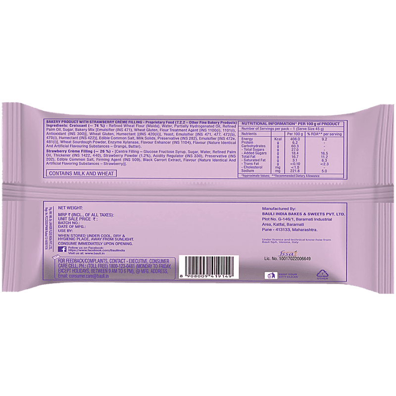 Bauli Moonfils Croissant - Strawberry Creme, 100% Veg, 45 g view 2