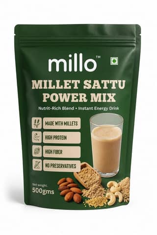 Millo Millet Sattu Power Mix 500g | High Protein & High Fiber Health Drink | Natural Energy Booster | No Added Sugar & Preservatives | Odisha Sourced Millets | Instant Nutrition Drink Mix
