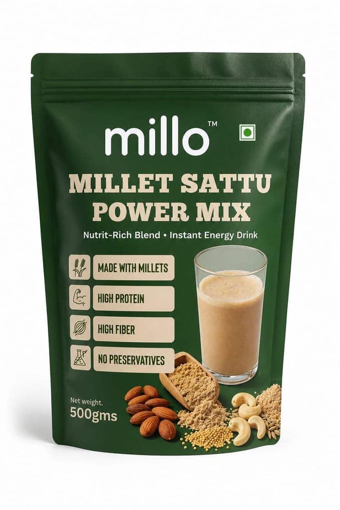 Millo Millet Sattu Power Mix 500g | High Protein & High Fiber Health Drink | Natural Energy Booster | No Added Sugar & Preservatives | Odisha Sourced Millets | Instant Nutrition Drink Mix
