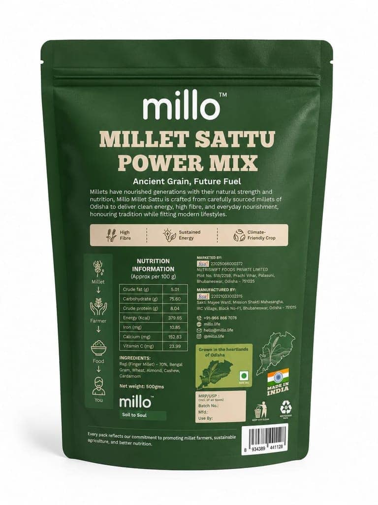 Millo Millet Sattu Power Mix 500g | High Protein & High Fiber Health Drink | Natural Energy Booster | No Added Sugar & Preservatives | Odisha Sourced Millets | Instant Nutrition Drink Mix view 2