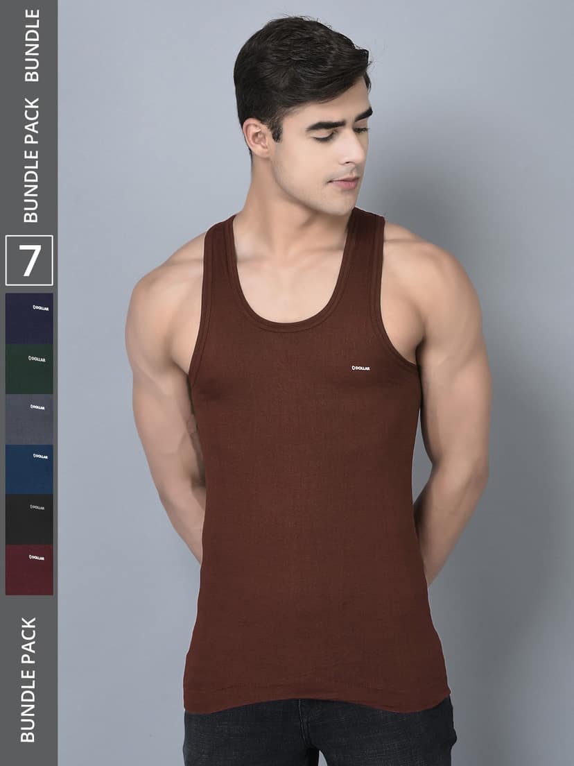 Men's Assorted Pack of 7 Solid Combed Cotton Shrinkless Vest