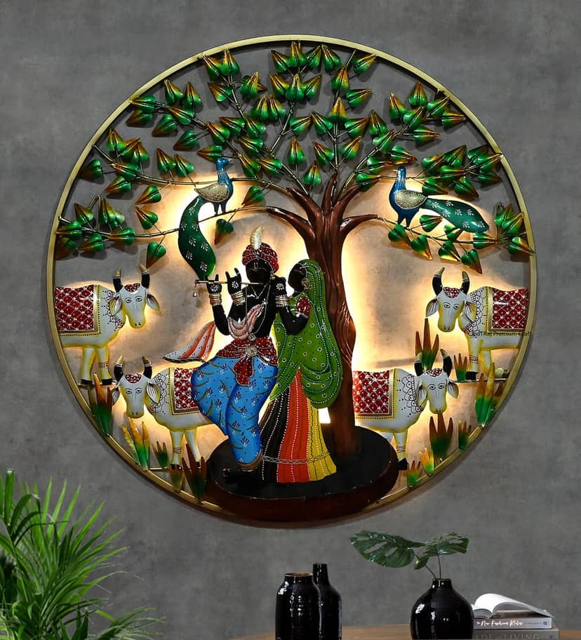 Indraj Premium Craft Handcrafted Radha Krishna Metal Wall Art With LED | Decorative Wall Hanging with Tree, Peacock & Cows | Traditional Indian Handmade Wall Décor for Home, Living Room, Bedroom & Office (28 In X 28 In, Multicolor)