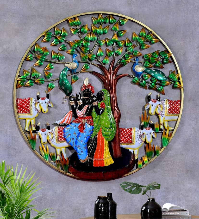 Indraj Premium Craft Handcrafted Radha Krishna Metal Wall Art With LED | Decorative Wall Hanging with Tree, Peacock & Cows | Traditional Indian Handmade Wall Décor for Home, Living Room, Bedroom & Office (28 In X 28 In, Multicolor) view 2