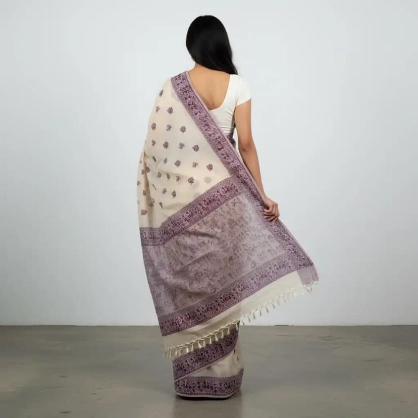 Sambalpuri Baandha Ikat Handloom Cotton Saree in Cream and Purple view 2