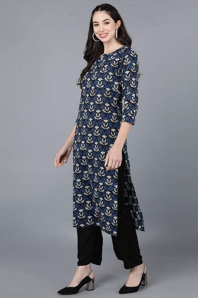Navy Blue Cotton Blend Straight Kurta VCK8576 view 2