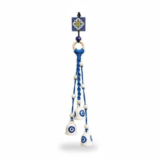 Handcrafted Macrame Knotted Ceramic 3 Evil Eye Bells Chime with Handmade Ceramic Hook. 45 cm– Nazar Battu Wall Decor. Handcrafted by Local Women artisans.