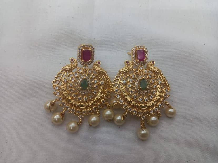 Stunning Antique Gold Plated AD Stone Necklace Set With Pearls view 2