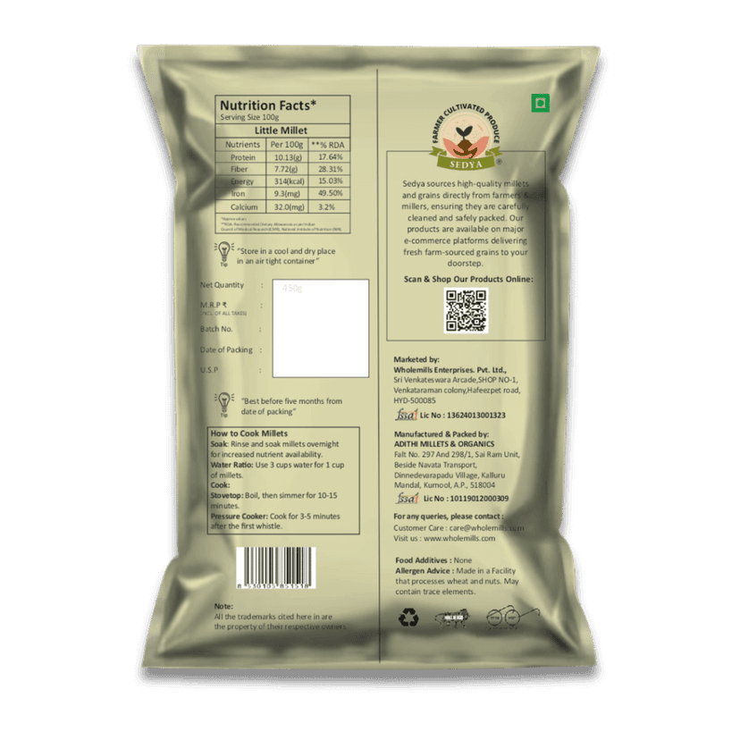 Sedya Three Millet Combo Whole Grains | Little Millet 500 g & Pearl Millet 500 g, 2 Packs | Certified Low GI | Samai, Sajje | Gluten Free | Unpolished, Toasted, No Soaking Required | High Plant Protein & Fibre | Total 1.5 Kg view 2