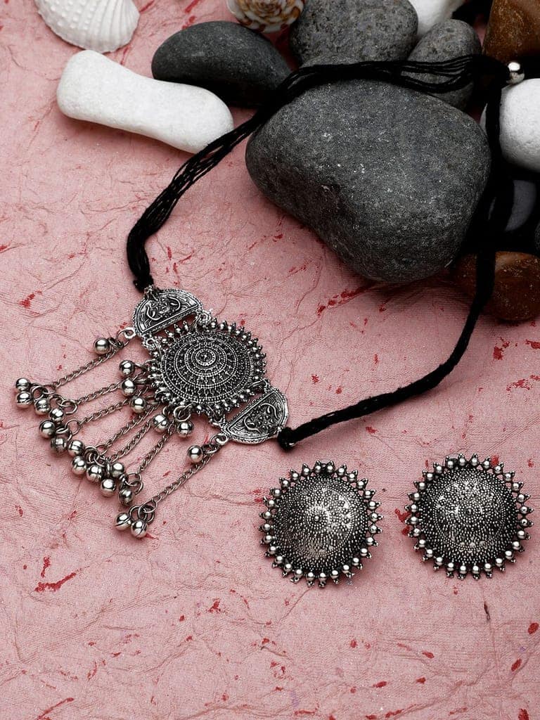 Cardinal Oxidized Silver Color Choker Necklace Set view 2