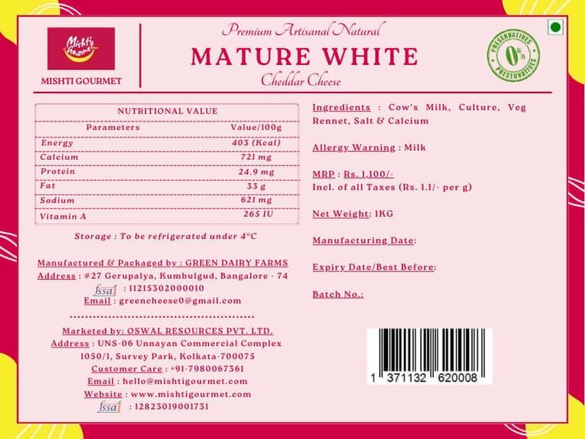 Mishti Gourmet Mature White Cheddar 1kg view 2