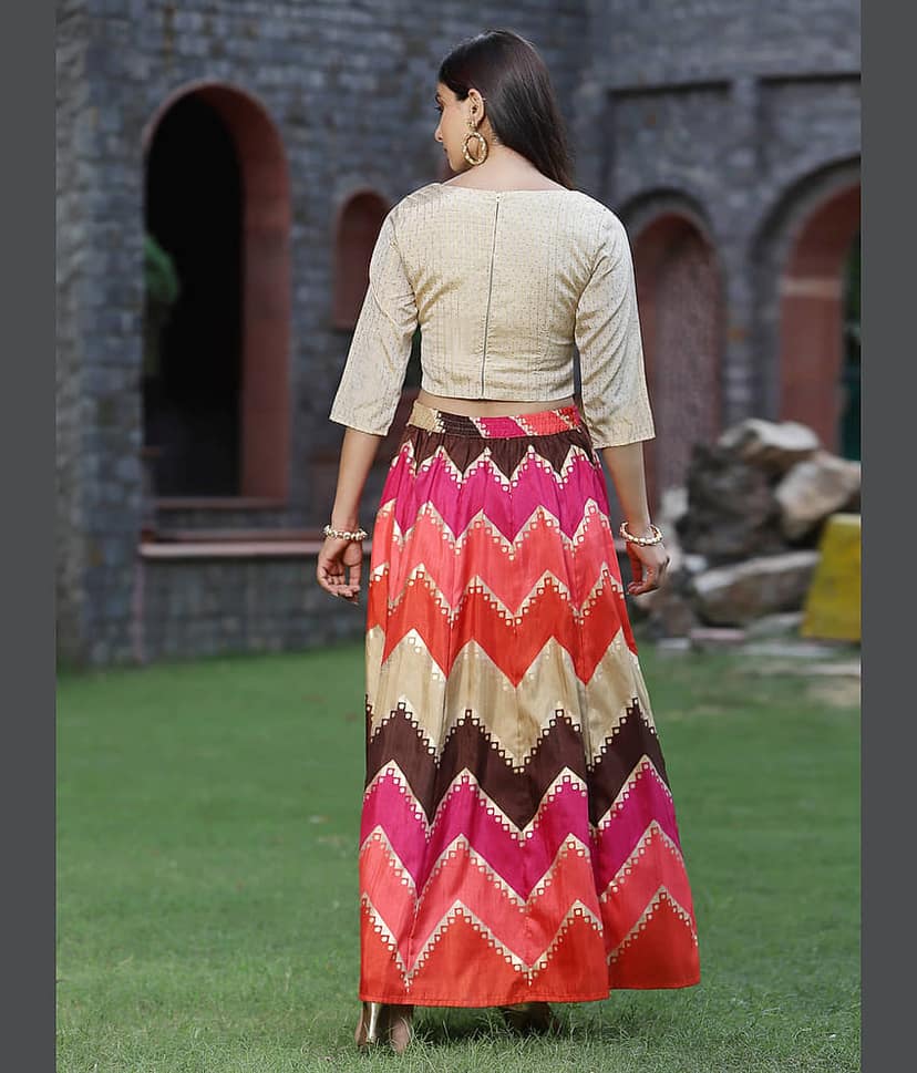 Juniper Orange,Red,Pink Silk Crepe Circular Stitched Lehenga view 2