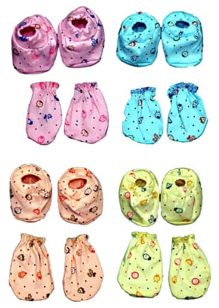 Newborn Baby Hosiery Soft Fabric Mitten Booties (Pack of 4) Printed Random Print