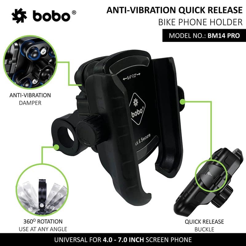 BOBO BM14 PRO Quick Release with Vibration Controller Waterproof Bike/Motorcycle/Scooter Mobile Phone Holder Mount, Ideal for Maps and GPS Navigation (Black) BOBO BM14 PRO Quick Release with Vibration Controller Waterproof Bike/Motorcycle/Scooter Mobile view 2