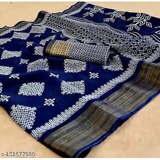 Blue Colour Cotton Printed saree With Blouse Piece