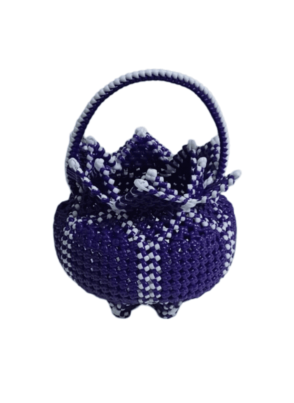 Purple and White Handwoven Basket with Handle