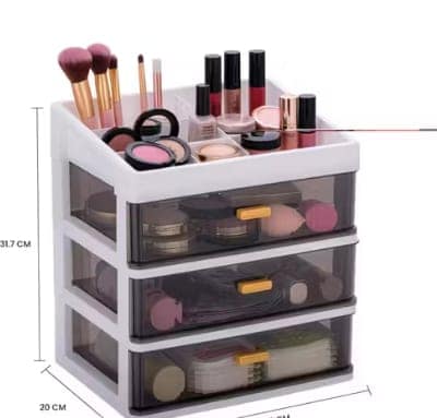 Desk Makeup Organizer, Plastic Storage Box with Sliding Drawer, Stylish Display Case for Cosmetics, Lotion, Nail Polish,Brushes,and Jewelry (3 - Layer, White)