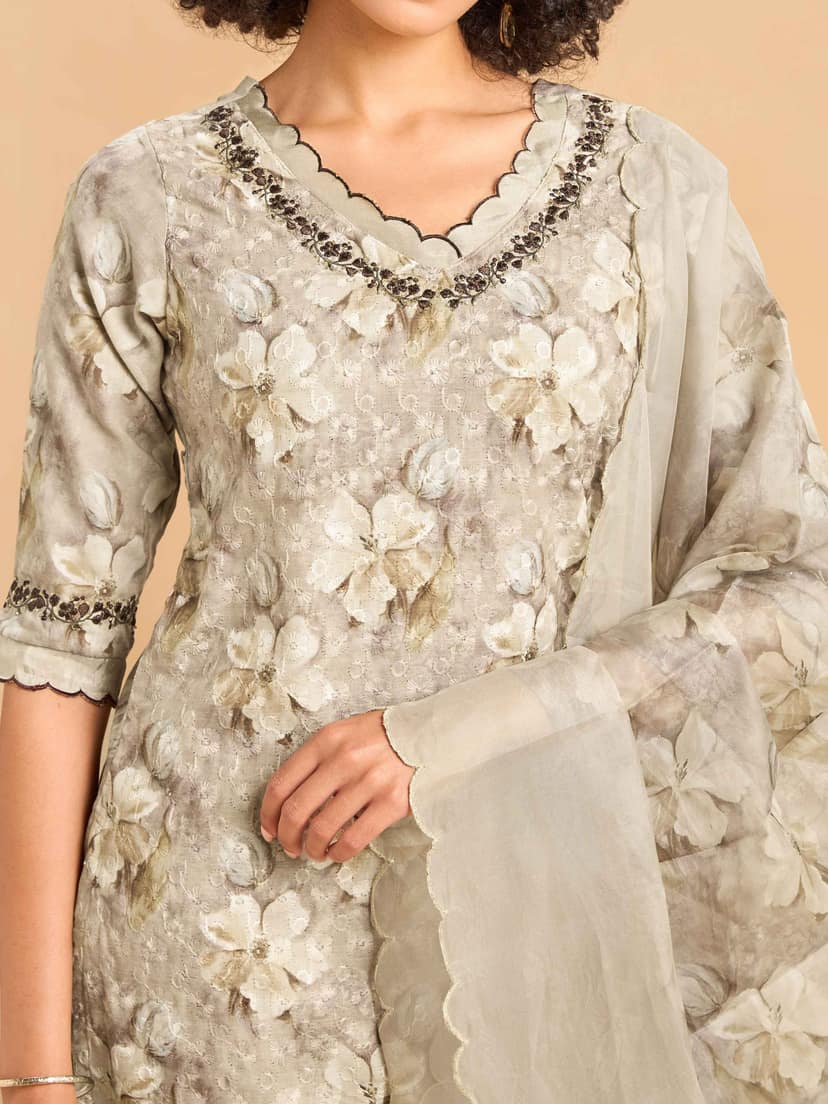 Multi Colour Cotton Schiffely Printed Kurti set & Dupatta With Hand Work view 2