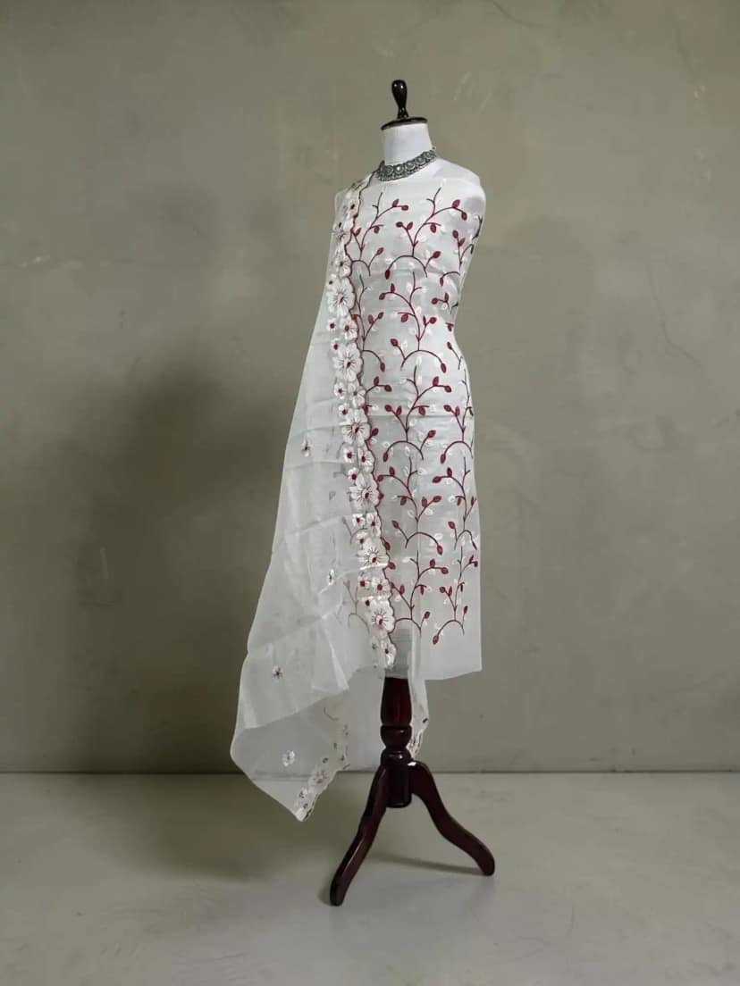 Handwoven Kota Doria Cotton-Silk Dress Material with Hand Embroidery view 2